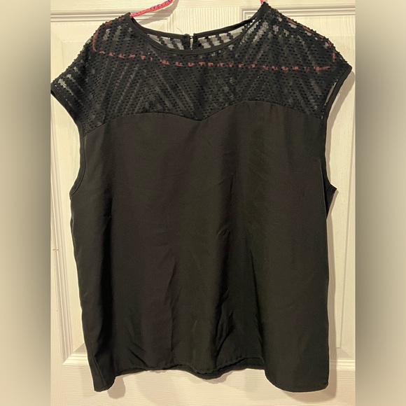 Black cap sleeve blouse with see through decorative top and button closure back - Picture 1 of 4